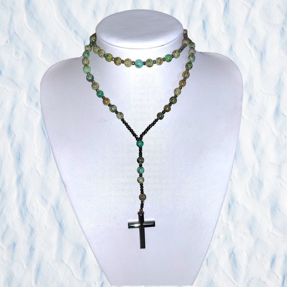 Natural African Turquoise And Pyrite Beaded Classic Rosary Necklace 44$